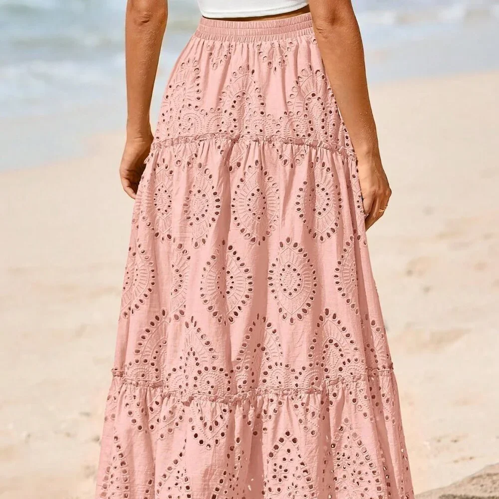 Pink Boho Women's Lace Maxi Skirt